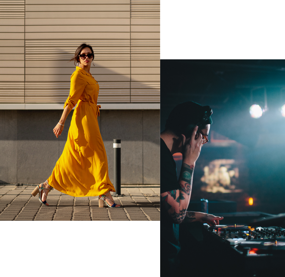 Graphics image with stylish woman walking in city