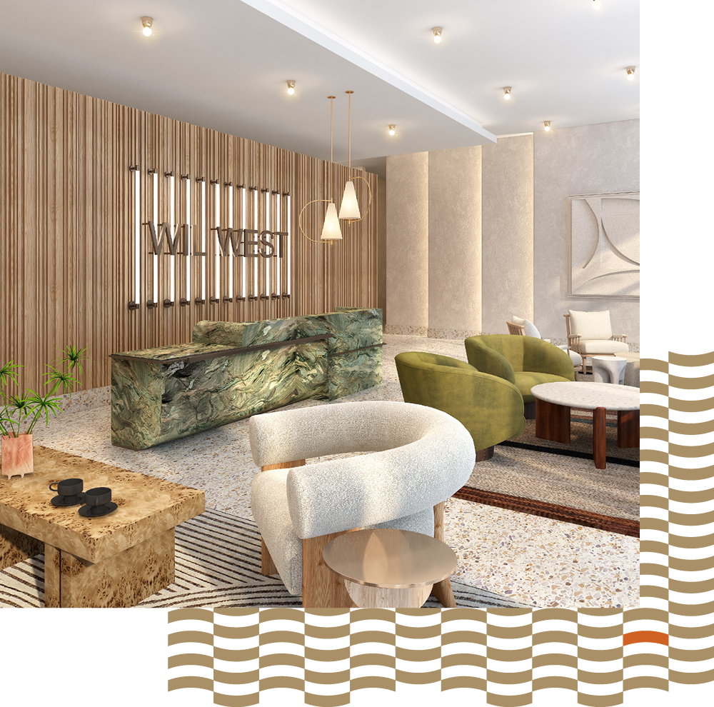 Resident lobby rendering with seating areas and reception desk 