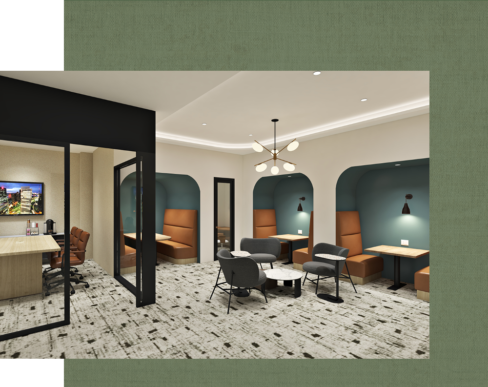 Co-working space with tables and seating areas