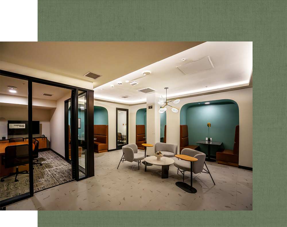 Co-working space with tables and seating areas