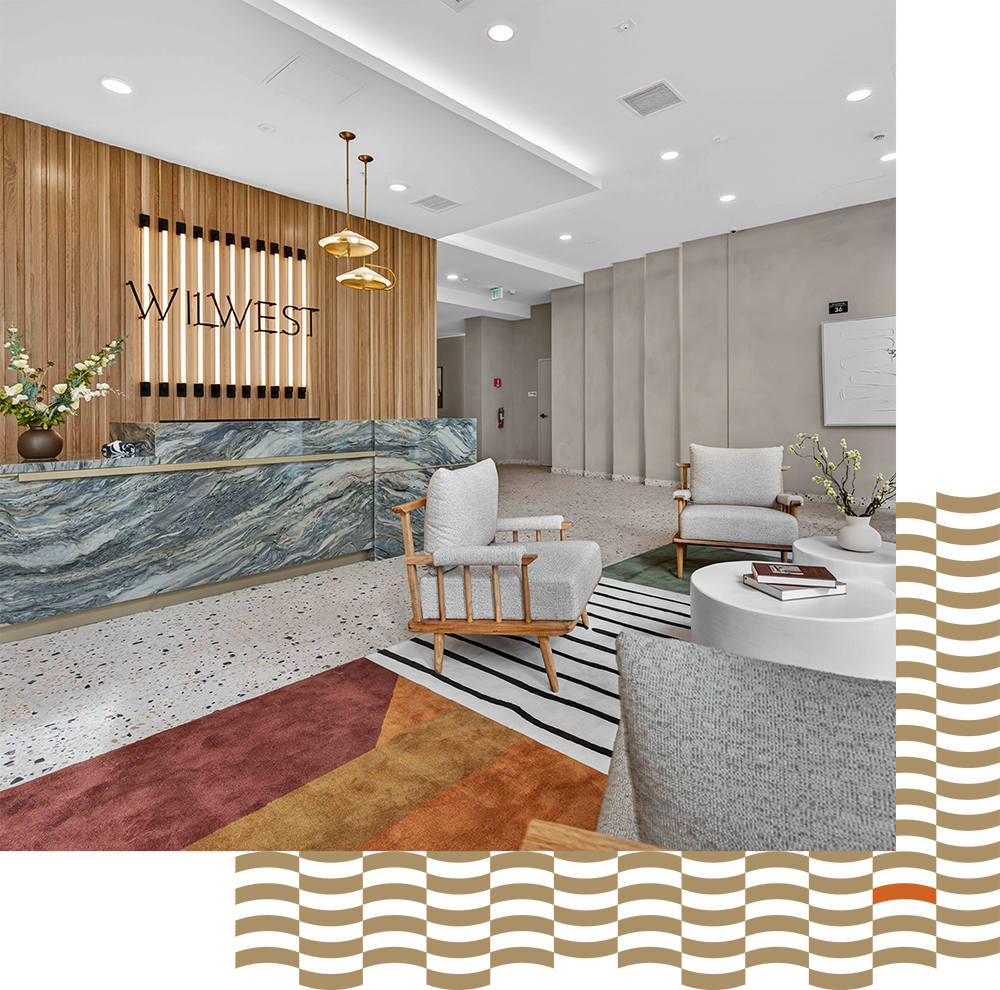 Resident lobby rendering with seating areas and reception desk 